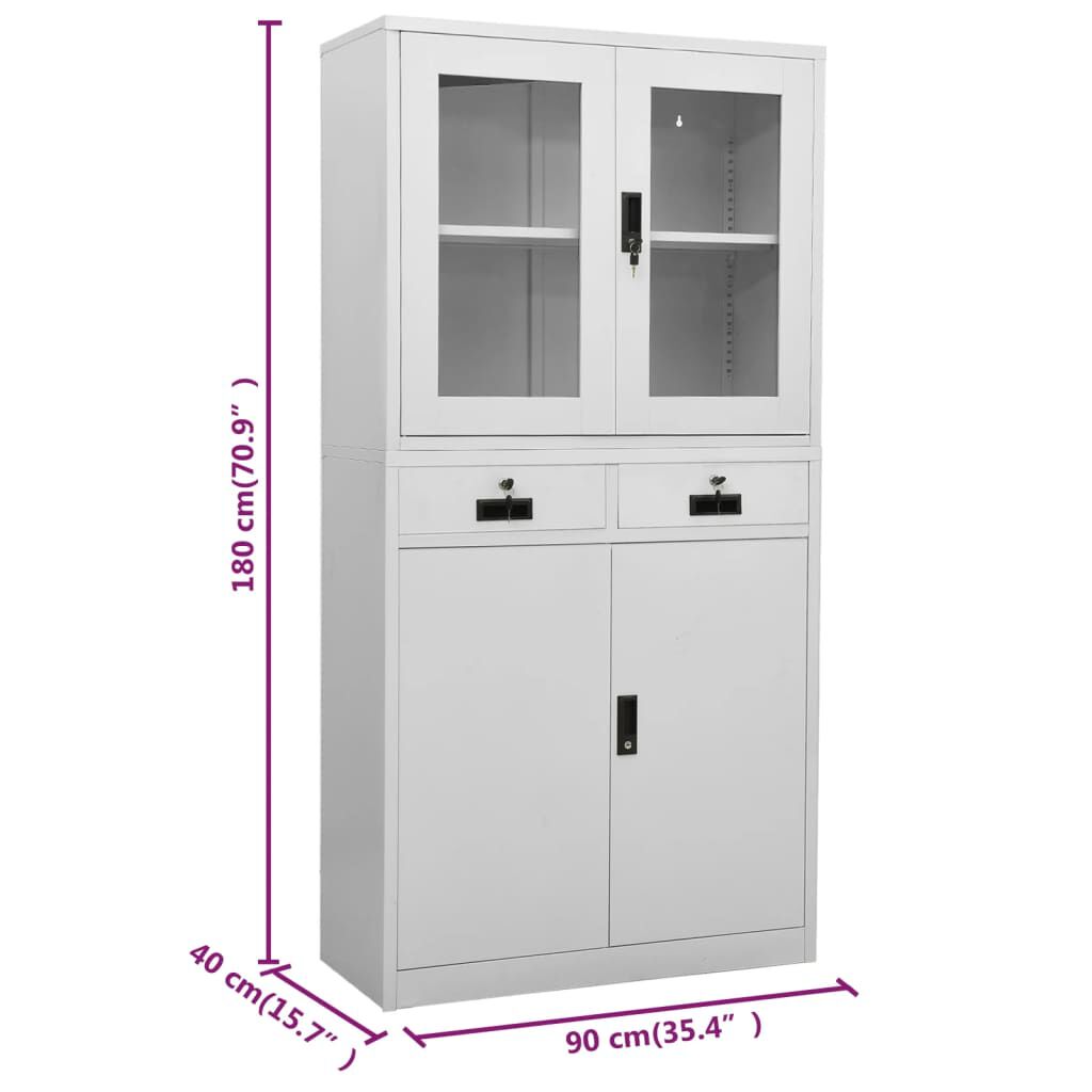vidaXL Office Cabinet Light Grey 90x40x180 cm Steel and Tempered Glass