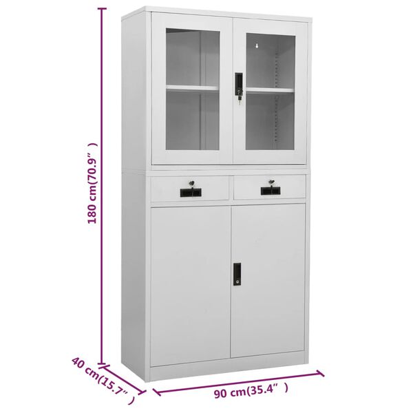 vidaXL Office Cabinet Light Grey 90x40x180 cm Steel and Tempered Glass