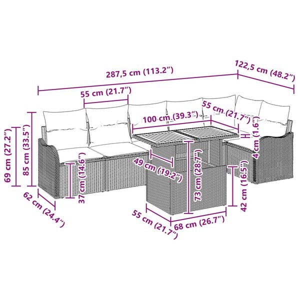 vidaXL 7 Piece Garden Sofa Set with Cushions Grey Poly Rattan Acacia