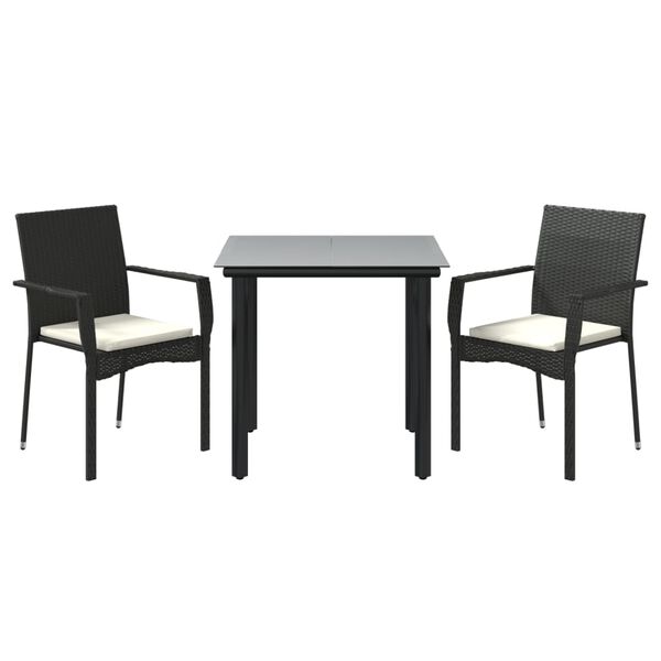 vidaXL 3 Piece Garden Dining Set with Cushions Black Poly Rattan