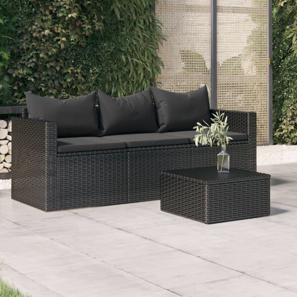 vidaXL 3-Seater Garden Sofa with Cushions Black Poly Rattan