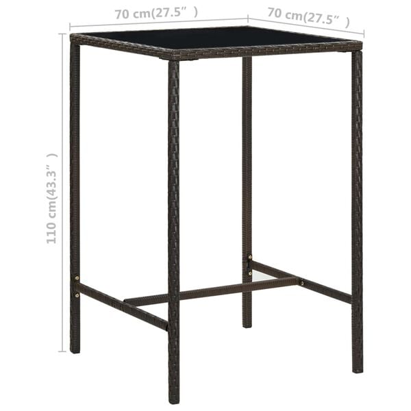 vidaXL Garden Bar Table Brown 70x70x110 cm Poly Rattan and Glass