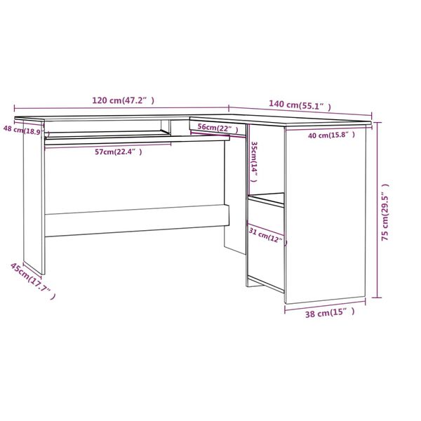 vidaXL L-Shaped Corner Desk High Gloss Black 120x140x75 cm Engineered Wood