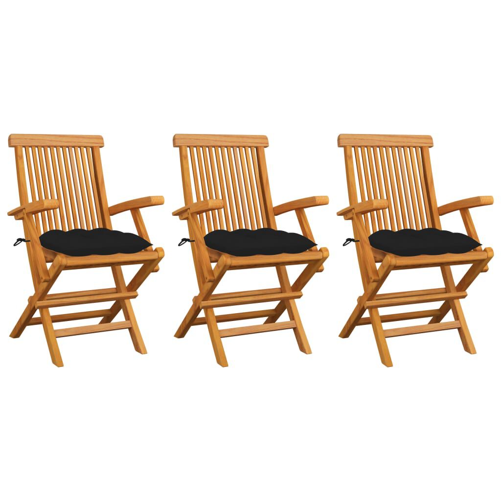 vidaXL Garden Chairs with Black Cushions 3 pcs Solid Teak Wood
