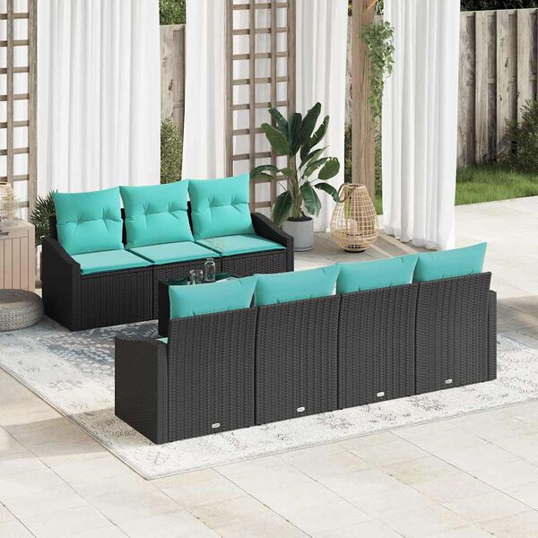 vidaXL Sofa Set with Cushion 8 pcs Black and Turquiose Poly Rattan
