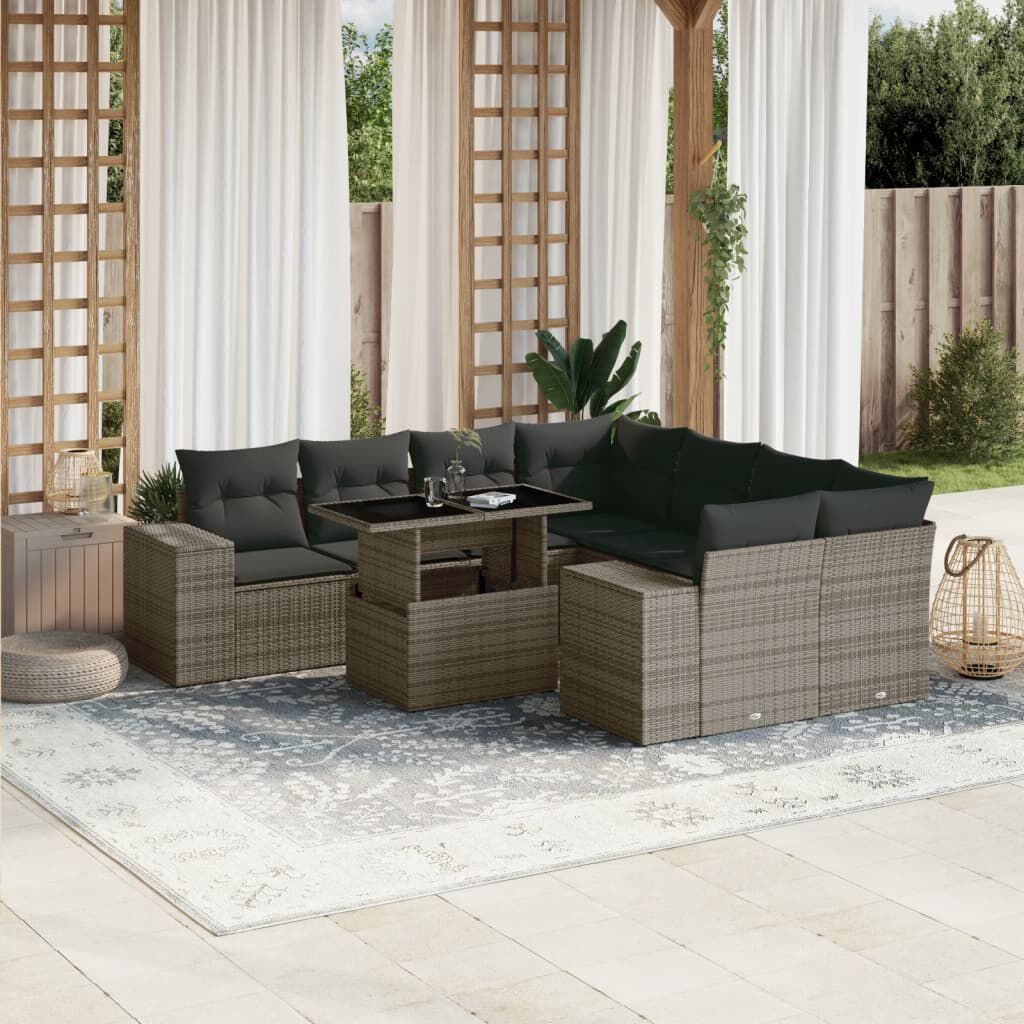 vidaXL 9 Piece Garden Sofa Set with Cushions Grey Poly Rattan
