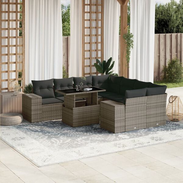 vidaXL 9 Piece Garden Sofa Set with Cushions Grey Poly Rattan