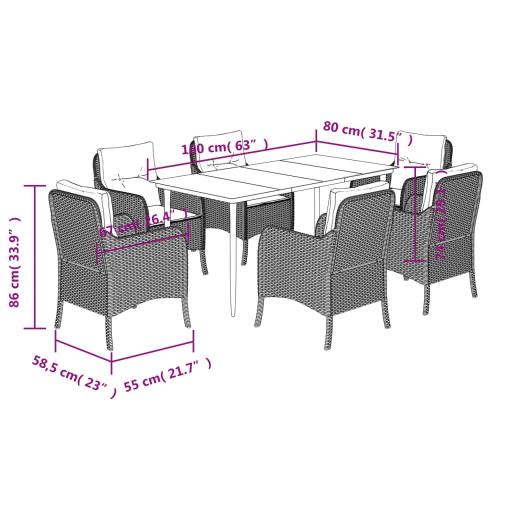 vidaXL 7 Piece Garden Dining Set with Cushions Brown Poly Rattan