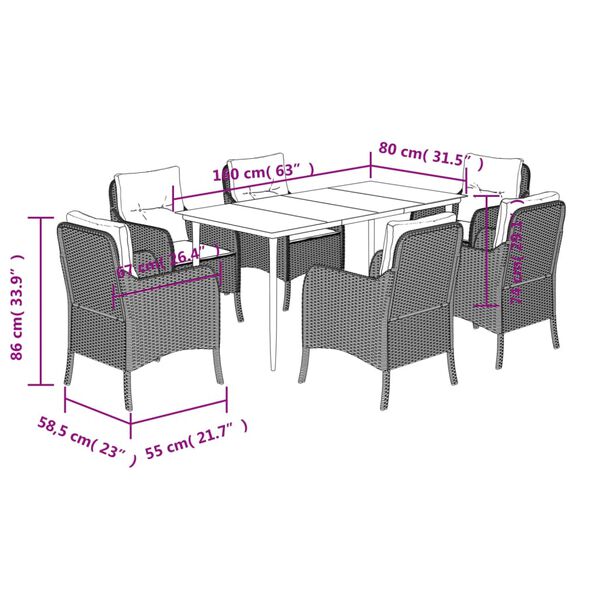 vidaXL 7 Piece Garden Dining Set with Cushions Brown Poly Rattan