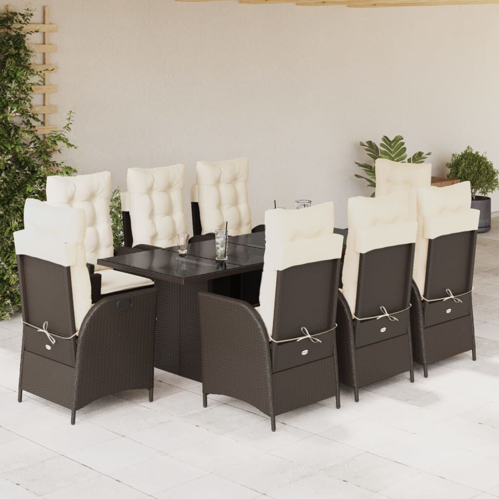 vidaXL 9 Piece Garden Dining Set with Cushions Brown Poly Rattan