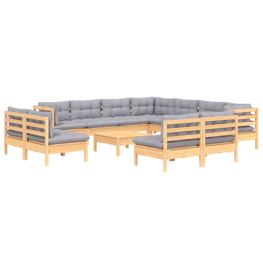 vidaXL 12 Piece Garden Lounge Set with Grey Cushions Solid Pinewood