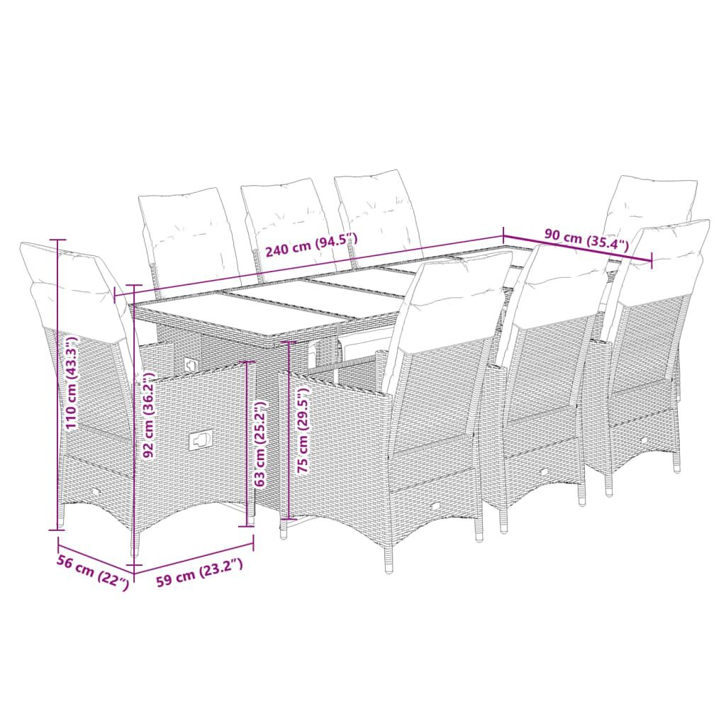 vidaXL 9 Piece Garden Bistro Set with Cushions Brown Poly Rattan