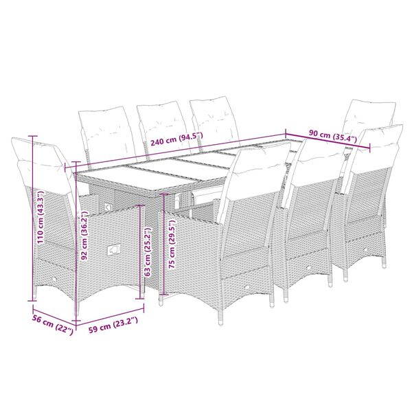 vidaXL 9 Piece Garden Bistro Set with Cushions Brown Poly Rattan