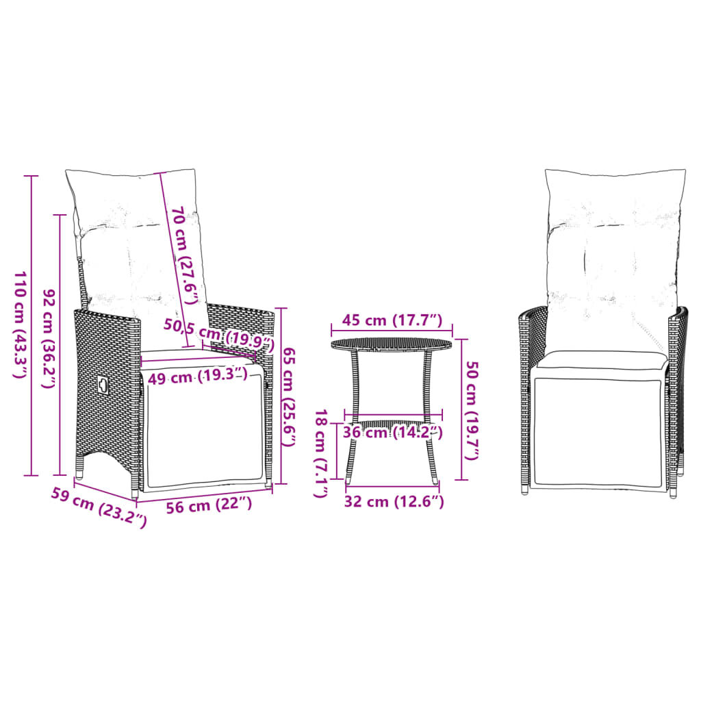 vidaXL 3 Piece Bistro Set with Cushions Brown Poly Rattan