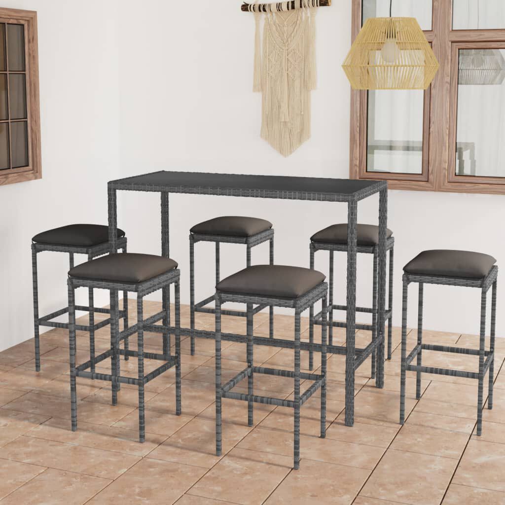 vidaXL 7 Piece Garden Bar Set with Cushions Poly Rattan Grey