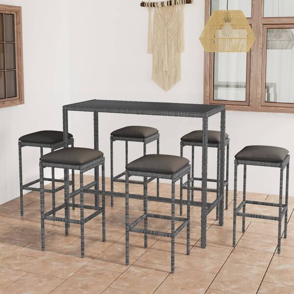 vidaXL 7 Piece Garden Bar Set with Cushions Poly Rattan Grey