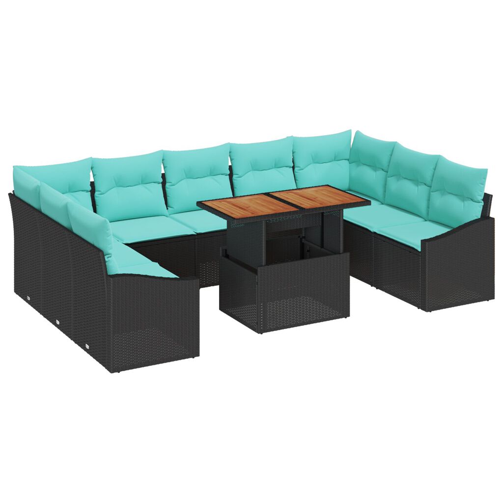 vidaXL 10 Piece Garden Sofa Set with Cushions Black Poly Rattan Acacia