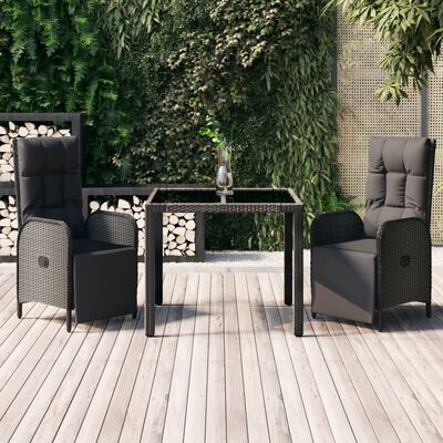 vidaXL 3 Piece Garden Dining Set with Cushions Black Poly Rattan