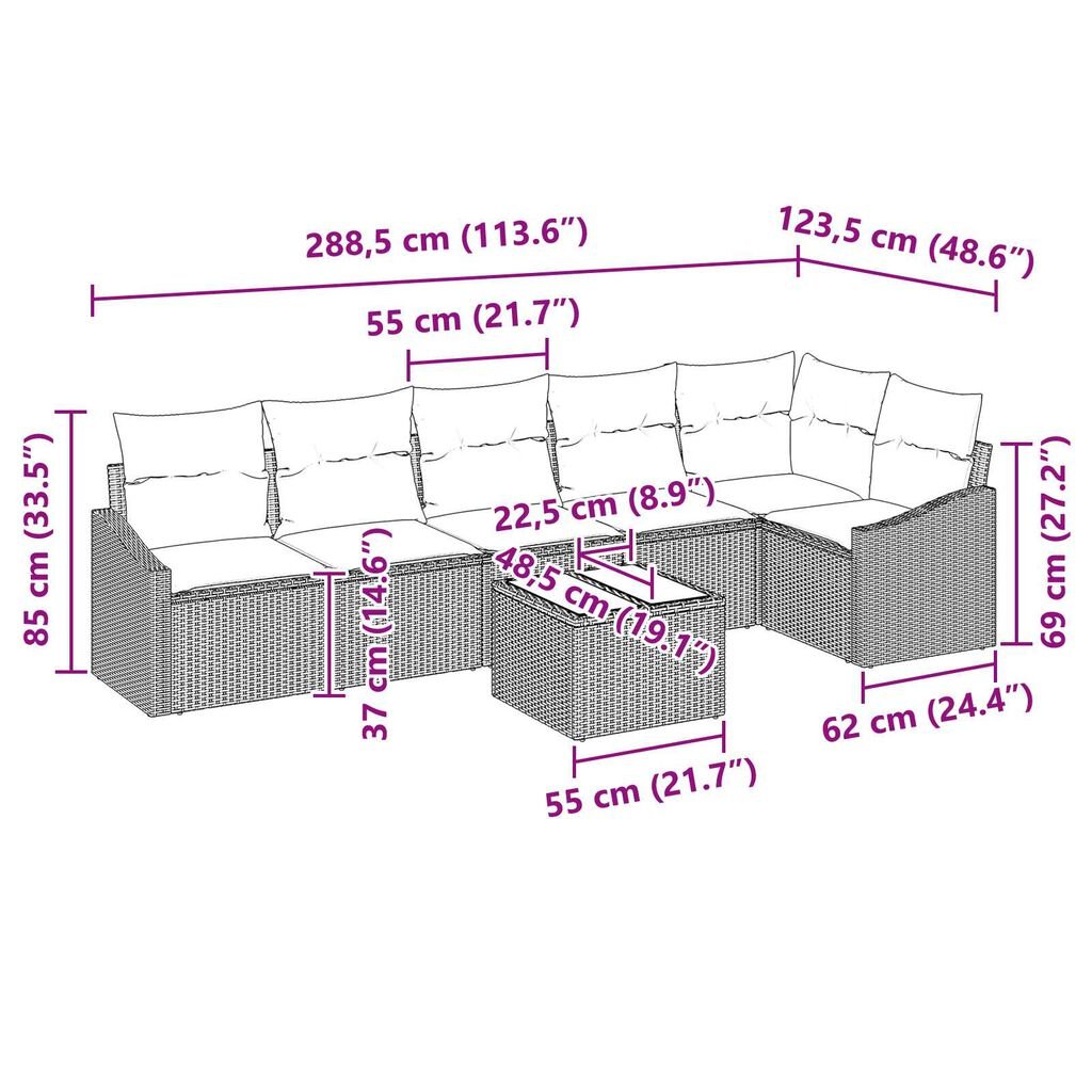 vidaXL 7 Piece Garden Sofa Set with Cushions Brown Poly Rattan
