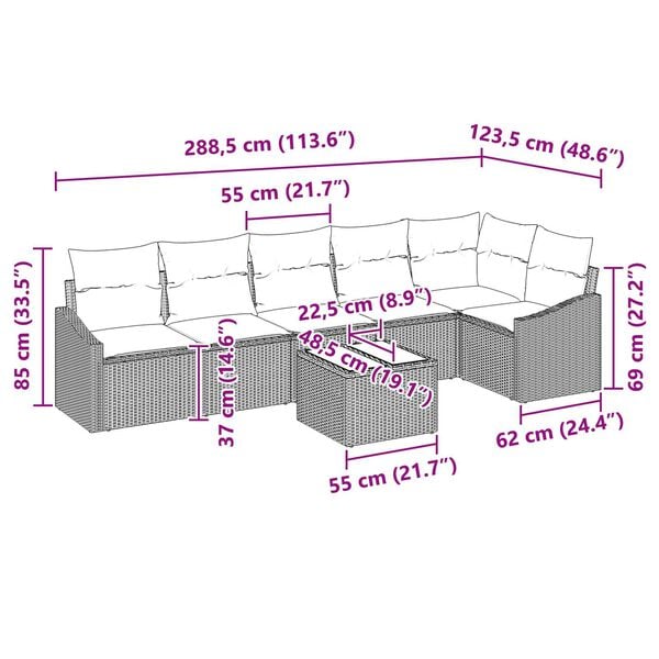 vidaXL 7 Piece Garden Sofa Set with Cushions Brown Poly Rattan
