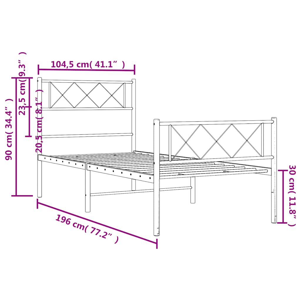 vidaXL Metal Bed Frame without Mattress with Footboard Black 100x190cm
