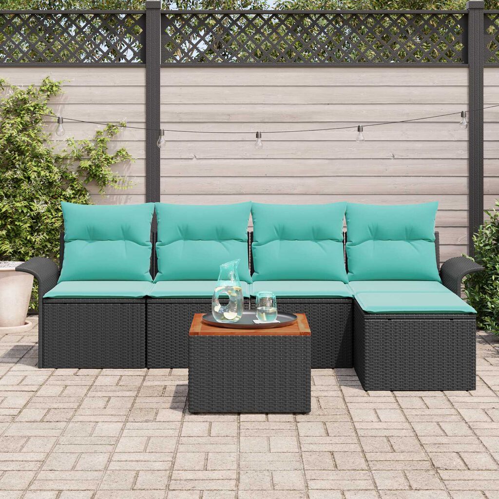 vidaXL 6 Piece Garden Sofa Set with Cushions Black Poly Rattan Acacia