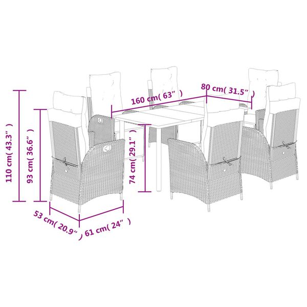 vidaXL 7 Piece Garden Dining Set with Cushions Brown Poly Rattan