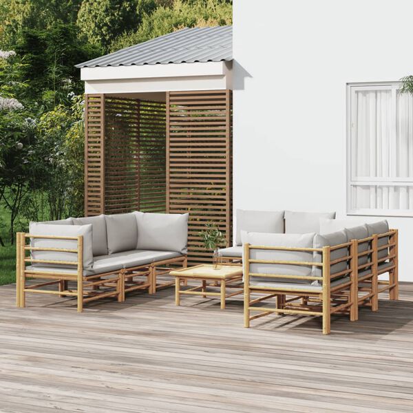 vidaXL 9 Piece Garden Lounge Set with Light Grey Cushions Bamboo