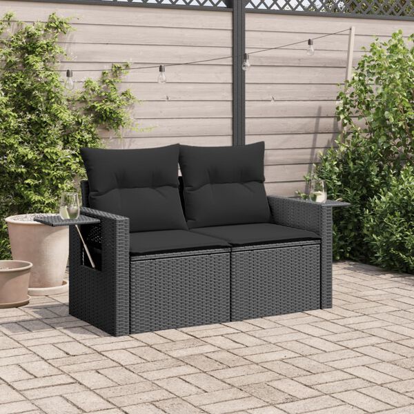 vidaXL Garden Sofa with Cushions 2-Seater Black Poly Rattan