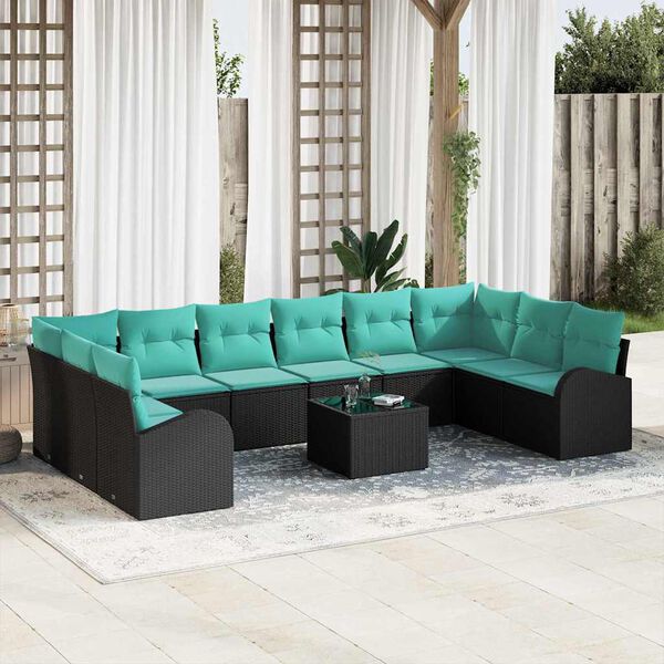 vidaXL Garden Sofa Set 11 pcs Black and Turquoise Poly Rattan