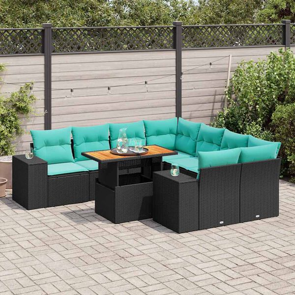 vidaXL 9 Piece Garden Sofa Set with Cushions Black Poly Rattan