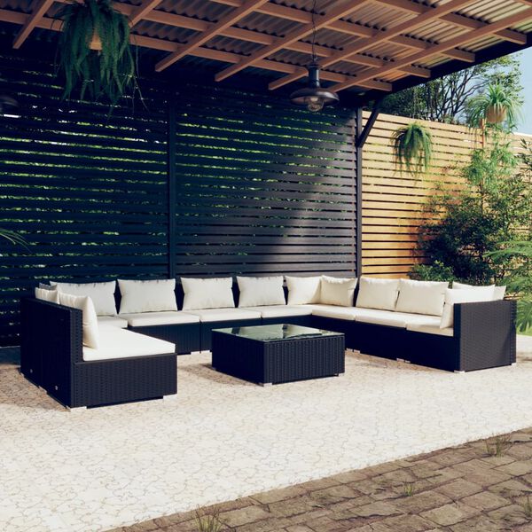 vidaXL 11 Piece Garden Lounge Set with Cushions Black Poly Rattan