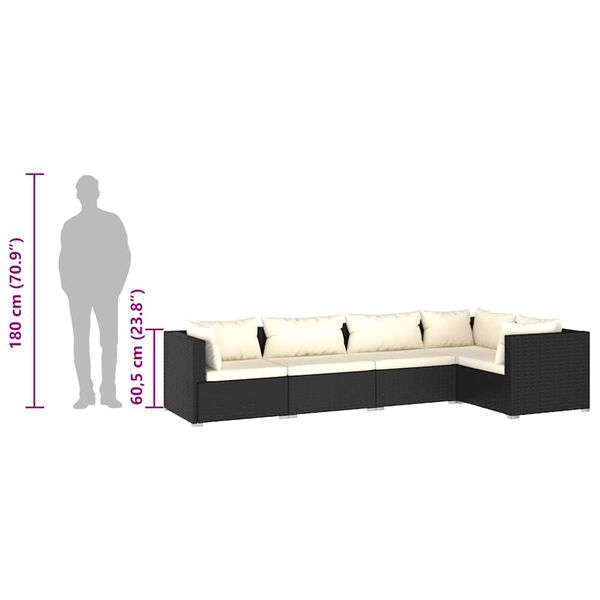 vidaXL 5 Piece Garden Lounge Set with Cushions Poly Rattan Black