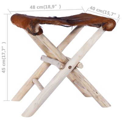 vidaXL Folding Stool Real Leather and Solid Teak Wood