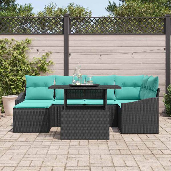 vidaXL Sofa Set with Cushion 7 pcs Black and Blue Poly rattan