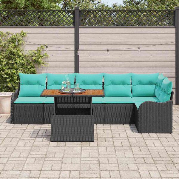 vidaXL Garden Sofa Set with Cushion 7 pcs Black and Blue Poly Rattan