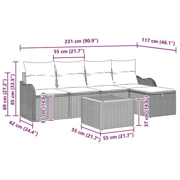 vidaXL 6 Piece Garden Sofa Set with Cushions Grey Poly Rattan