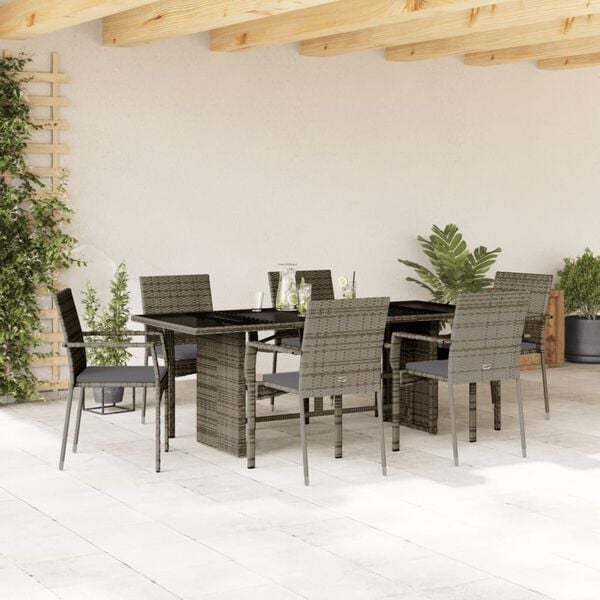 vidaXL 7 Piece Garden Dining Set with Cushions Grey Poly Rattan
