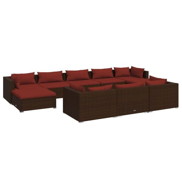 vidaXL 10 Piece Garden Lounge Set with Cushions Brown Poly Rattan