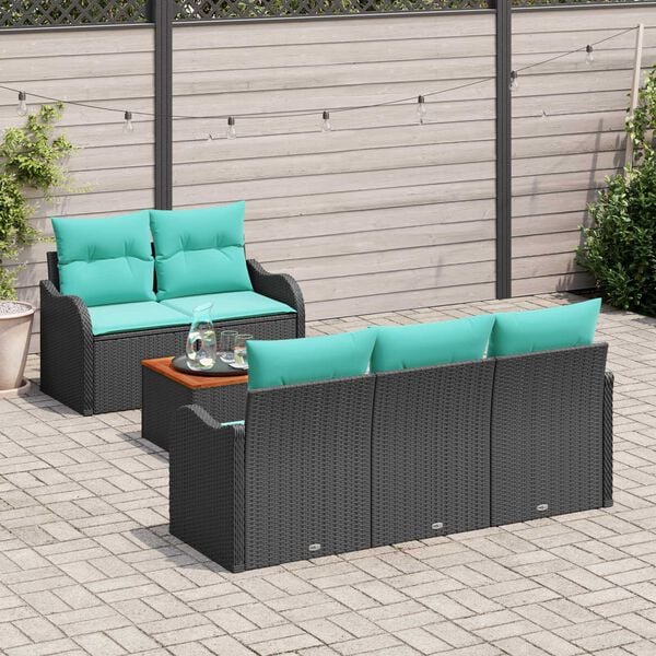 vidaXL 6 Piece Garden Sofa Set with Cushions Black Poly Rattan Acacia