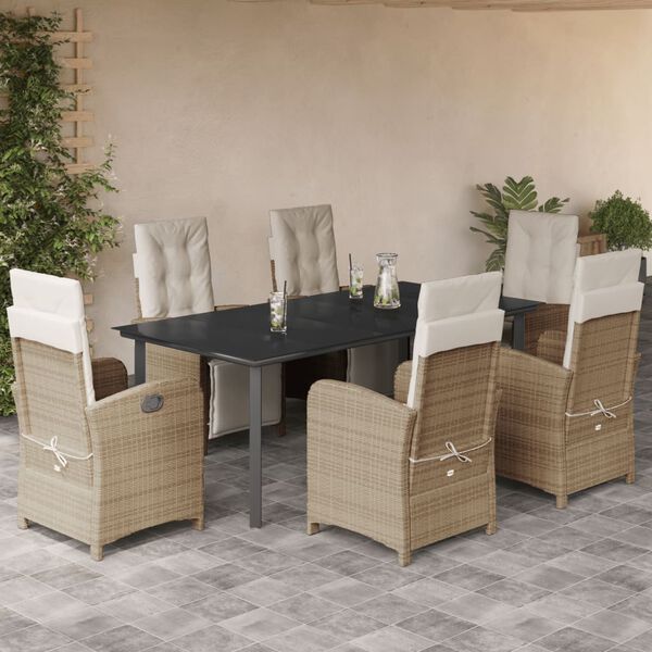 vidaXL 7 Piece Garden Dining Set with Cushions Beige Poly Rattan