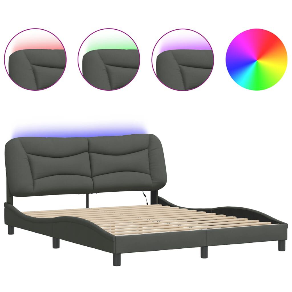 vidaXL Bed Frame with LED without Mattress Dark Grey 152x203 cm Queen Fabric