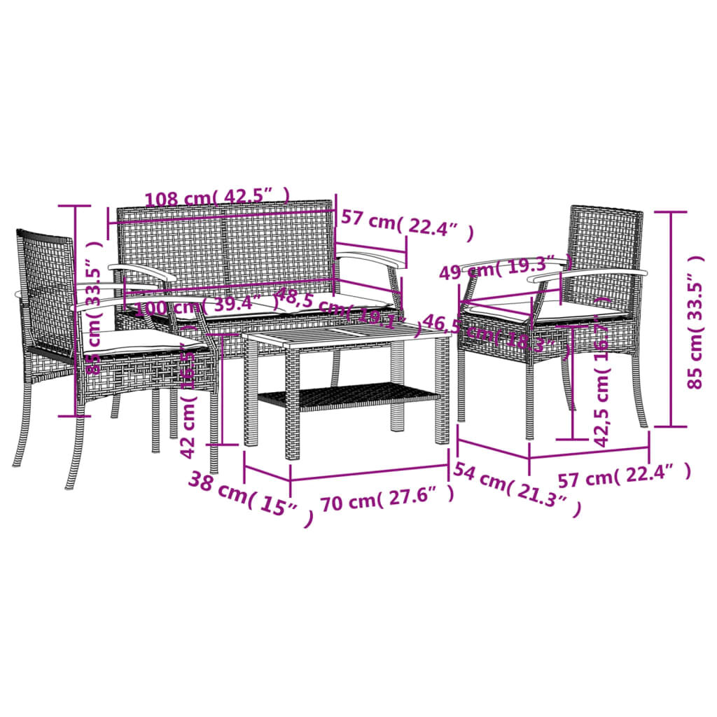 vidaXL 4 Piece Garden Lounge Set with Cushions Grey Poly Rattan