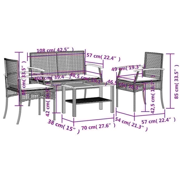 vidaXL 4 Piece Garden Lounge Set with Cushions Grey Poly Rattan