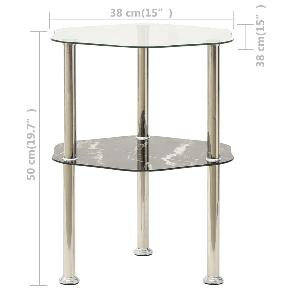 vidaXL 2-Tier Side Table Transparent & Black Marble 38x38x50cm Tempered Glass