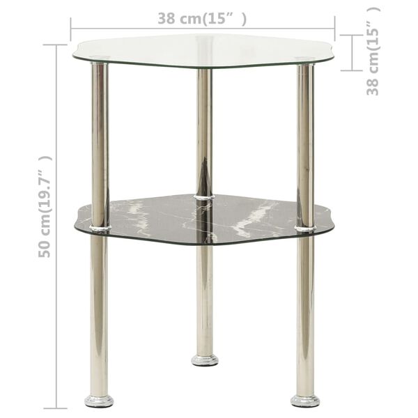 vidaXL 2-Tier Side Table Transparent & Black Marble 38x38x50cm Tempered Glass