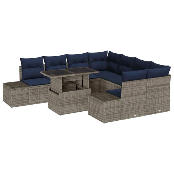 vidaXL Garden Sofa Set with Cushion 9 pcs Grey and Navy Poly Rattan