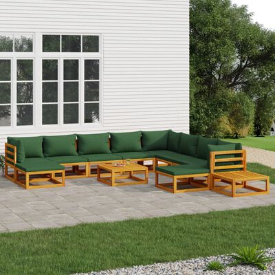 vidaXL 12 Piece Garden Lounge Set with Green Cushions Solid Wood