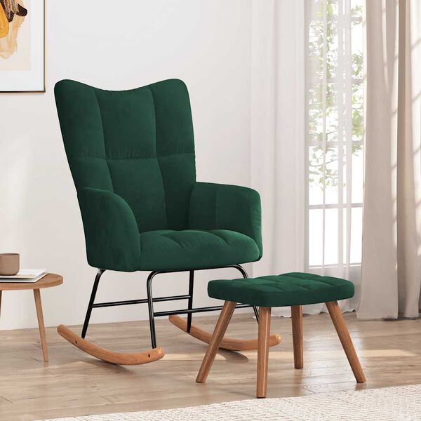 vidaXL Rocking Chair with a Stool Dark Green Velvet