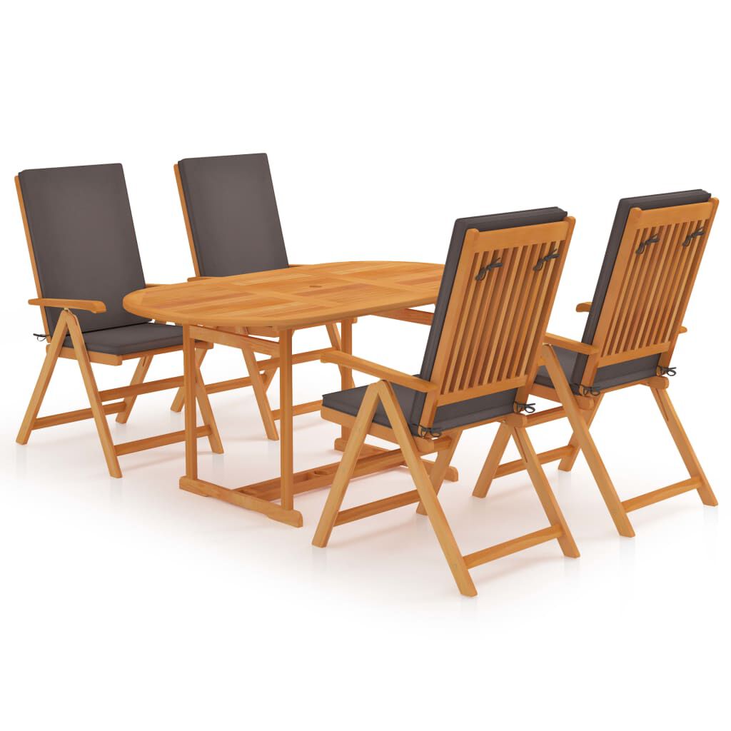 vidaXL 5 Piece Garden Dining Set with Grey Cushions Solid Teak Wood